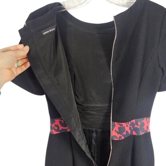 Karen Millen Black Mini Dress Sz 4 Animal Print Round Neck Short Sleeves Pleated - Picture 5 of 10